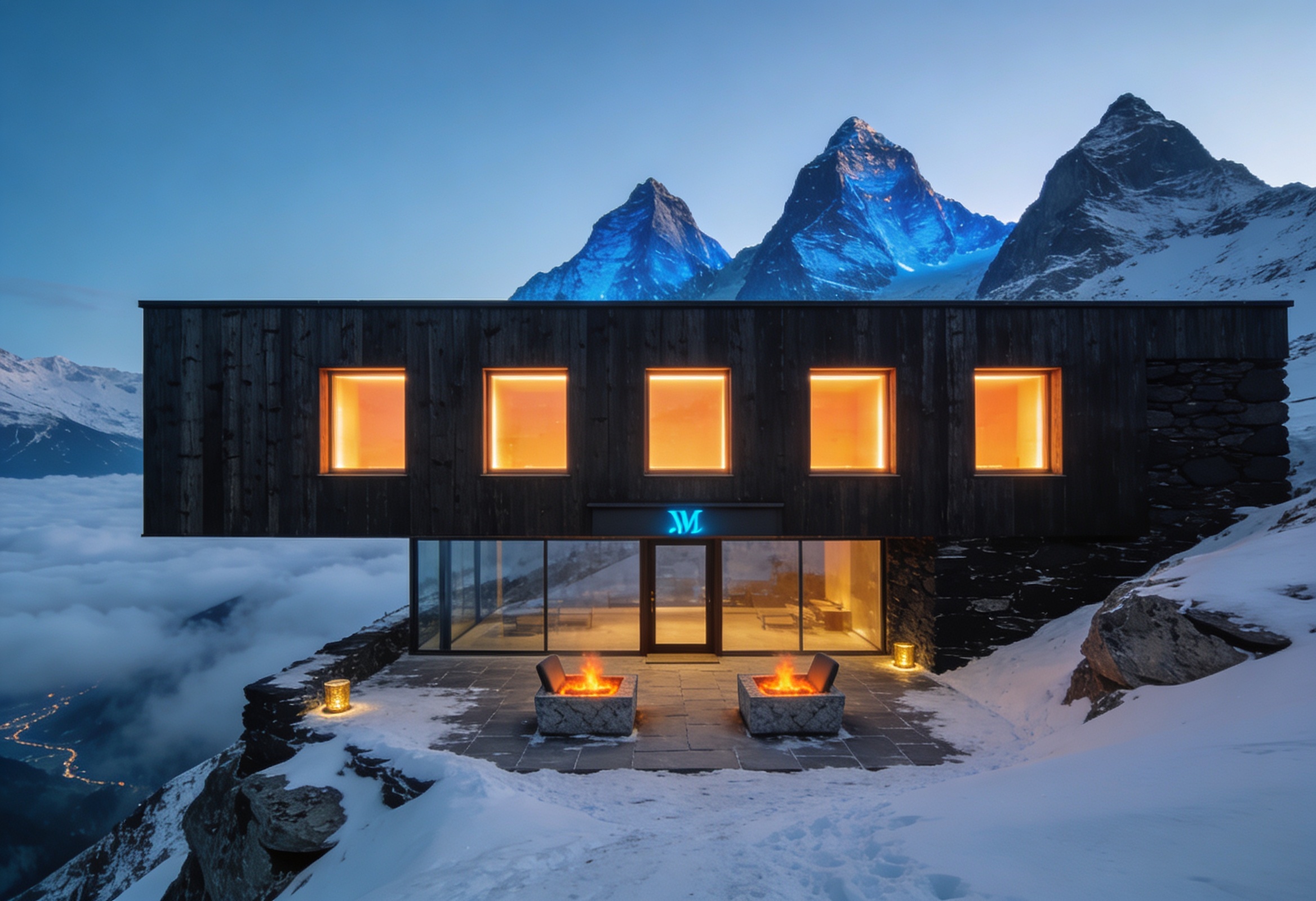 Karlı granit sırta yerleşmiş ahşap ve taş alpin lodge alacakaranlıkta